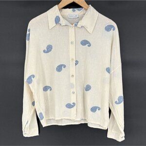 Civico 51 Womens Paisley Embroidered Button Up Shirt M Ivory Blue  Made in Italy